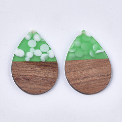 Lime Green Resin & Walnut Wood Pendants, Teardrop, Lime Green, 47.5~48x31.5x3mm, Hole: 2mm