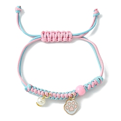 Разноцветный Браслеты с подвесками из сплава с эмалью и имитацией жемчуга с принтом лап, регулируемые женские браслеты из плетеного полиэфирного шнура, красочный, внутренний диаметр: 1-1/8~3-3/4 дюйм (2.9~9.6 см), подвеска: 13x8 мм & 17x14x1.5 мм.