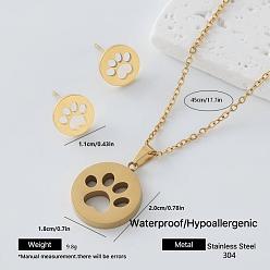Paw Print 304 Комплект из подвески и сережек-гвоздиков из нержавеющей стали для женщин, золотые, плоско-круглые, отпечаток лапы, 450 мм, Кулон : 20x18 мм