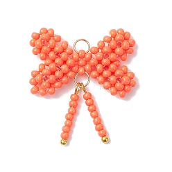 Оранжевый Подвески-бантики из стеклянных бус, с латунными и 304 нержавеющими соединительными кольцами, оранжевые, 28x26.5x4.5 мм