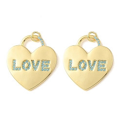 Chapado en Oro Real 18K Colgantes de circonita cúbica azul cielo con micro pavé de latón, corazón con amuletos de amor de la palabra, chapado en rack, larga duración plateado, sin plomo y cadmio, real 18 k chapado en oro, 28x24.5x2.5 mm, agujero: 3.5 mm