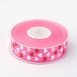 Ярко-Розовый Полиэстер Grosgrain ленты, с сердцем напечатаны, ярко-розовый, 1 дюйм (25 мм), о 100yards / рулон (91.44 м / рулон)