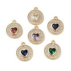 Золотой Латунный кулон с микропаве из циркония, плоский круглый с сердечками, разноцветные, золотые, 15.5x13x3 мм, отверстие : 1.5 мм