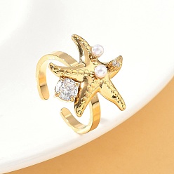 Настоящее золото 18K 304 Кольца-манжеты из нержавеющей стали с микропаве из кубического циркония и пластиковым жемчугом, морская звезда, для женщин, реальный 18 k позолоченный, 20x20 мм, внутренний диаметр: 18 мм