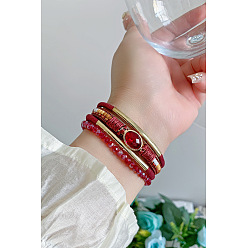 Темно-Красный Многорядные браслеты из искусственной кожи в стиле бохо для женщин, со стеклянными бусинами и магнитными застежками, темно-красный, 7-5/8 дюйм (19.3 см)