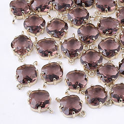 Индийский Красный Прозрачные стеклянные соединители звеньев, с латунной фурнитурой , граненые, ромб, золотой свет, Индийская красная, 16.5x11x6 мм, отверстие : 1.2 мм, длина стороны: 11 мм