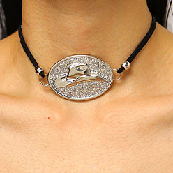 Color de Acero Inoxidable Collares pendientes de la aleación, óvalo con estampado de sombrero de vaquero, color acero inoxidable, 15.35 pulgada (39 cm)