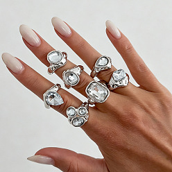 Platinum Zinc Alloy & Glass Rhinestone Cuff Rings, Mixed Shapes, Platinum, 17mm, about 7pcs/set