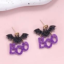 Темно-Оранжевый Акриловые серьги-гвоздики со словом «бу» и летучей мышью, золотые, темно-оранжевый, 40x32 мм