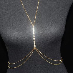 Золотой Сплав кристалл стразы плоский круглый двухслойный бикини сексуальные цепи для тела для пляжной вечеринки, золотые, 500~800 мм