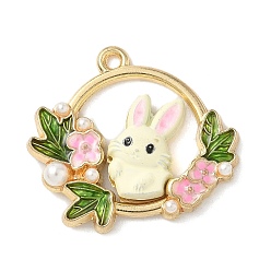 Pink Окрашенного распылением эмали сплава подвески, кролик, с абс пластмассовой имитационной жемчужиной, золотой свет, без кадмия, без никеля и без свинца, стойки покрытие, розовые, 24.5x28x4.5 мм, отверстие : 1.8 мм