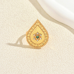Green Brass Micro Pave Cubic Zirconia Finger Rings for Women, Teardrop, Golden, Green, 30mm, Inner Diameter: 16~18mm