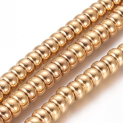Real 18K Gold Plated Non-magnetic Synthetic Hematite Beads Strands, PVD Vacuum Plating, Rondelle, Real 18K Gold Plated, 6x3.5mm, Hole: 1mm, about 109pcs/Strand, 15.55 inch(39.5cm)