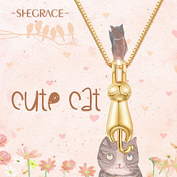 Golden SHEGRACE 925 Sterling Silver Kitten Pendant Necklace, with Cat, Golden, 15.7 inch(40cm)