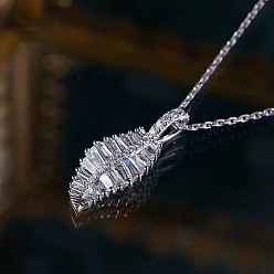 Platinum Brass Pave Clear Cubic Zirconia Leaf Pendant Necklaces for Women, Platinum, 15.75 inch(40cm)