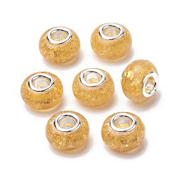 Dark Orange Crackle Resin European Beads, Large Hole Beads, with Silver Color Plated Brass Cores, Rondelle, Dark Orange, 13.5~14x8.5~9mm, Hole: 5mm