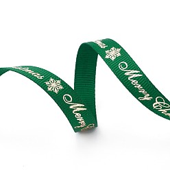 Green Polyester Grosgrain Ribbon for Christmas, Snowflake & Word, Green, 9mm, about 100yards/roll