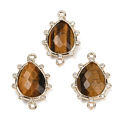 Тигровый глаз Натуральные граненые подвески-соединители с тигровым глазом, стойка покрытие латунь прозрачный кубический цирконий каплевидные звенья, золотые, 22.5~23x15x5 мм, отверстие : 1.4 мм