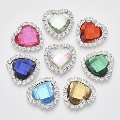 Mixed Color Shining Flat Back Faceted Heart Acrylic Rhinestone Cabochons, with Grade A Crystal Rhinestones and Brass Cabochon Settings, Mixed Color, 22x22x5mm