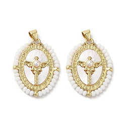 White Brass Pave Shell Pendants, Oval Charms with Glass Beads Wrapped and ABS Imitation Pearl Beads, Real 18K Gold Plated, White, 31~32x23.5x4.5mm, Hole: 3.5x4.5mm
