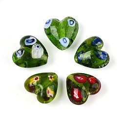 Светло-зеленый Коричневый Стекло ручной работы тысячецветник бисера, сердце, оливковый, 20~21.5x20.5~21.5x11~13 мм, отверстие : 1.8~2.2 мм