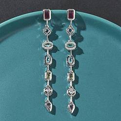 Платина Серьги-гвоздики с подвесками из кубического циркония с прямоугольной каплевидной формой и микропаве из латуни, стойки покрытие, долговечный, без кадмия и без свинца, платина, 73x7.5 мм