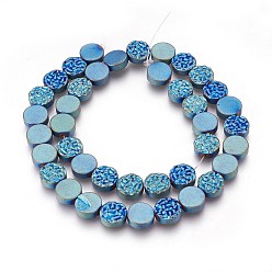 Green Plated Electroplated Non-magnetic Synthetic Hematite Beads Strands, Frosted, Flat Round, Green Plated, 10x4mm, Hole: 1mm, about 40pcs/strand, 15.94 inch(40.5cm)
