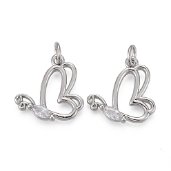 Platino Real Plateado Latón micro pavimenta claro colgantes de circonio cúbico, con anillos de salto, larga duración plateado, forma de mariposa, Platino verdadero plateado, 15x16x3 mm, agujero: 3 mm