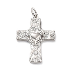 Platinum Rack Plating Eco-Friendly Brass Pendants, with Jump Ring, Long-Lasting Plated, Lead Free & Cadmium Free, Cross with Heart Charm, Platinum, 31x22x3mm, Hole: 4mm
