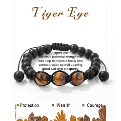 Тигровый глаз Регулируемые браслеты из плетеных бусин из натурального тигрового глаза 10 мм и матового натурального драгоценного камня 8 мм для женщин и мужчин, внутренний диаметр: 2-3/8 дюйм (6 см)