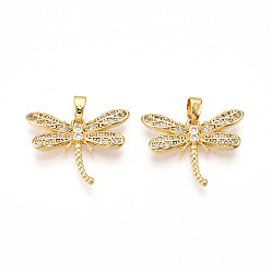 Real 18K Gold Plated Brass Micro Pave Cubic Zirconia Pendants, Cadmium Free & Lead Free, Dragonfly Charms, Real 18K Gold Plated, 17x22x3mm, Hole: 5x2.5mm