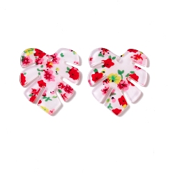 Red Transparent Acrylic Pendants, Monstera Leaf with Flower Pattern, Red, 29.5x26x2mm, Hole: 1.6mm