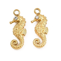 Sea Horse 304 подвески из нержавеющей стали с кристаллами и стразами, подвески в форме морской тематики, ионное покрытие (ip), реальный 18 k позолоченный, морской конек, 15x6x3 мм, отверстие : 1.4 мм