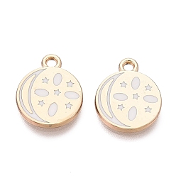 Blanco Colgantes de la aleación del esmalte, chapado en rack, dijes planos redondos, de estrella y de luna, dorado, blanco, 14.5x12x1.5 mm, agujero: 1.6 mm
