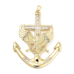 Настоящее золото 18K Покрытие стойки латунь микропаве прозрачные подвески из кубического циркония, долговечный, без свинца и без кадмия, лодочный якорь с орлом, реальный 18 k позолоченный, 52.5x43x4 мм, отверстие : 6x4.5 мм