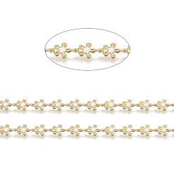 White Brass Handmade Link Chains, with Enamel, Long-Lasting Plated, Unwelded, with Spool, Flower,Real 18K Gold Plated, White, Link: 8x6x2mm, about 32.8 Feet(10m)/roll