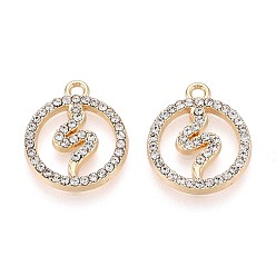 Кристалл Подвески из сплава со стразами, плоский круглый и змеевидный, без кадмия, без никеля и без свинца, золотые, кристалл, 18x15x2 мм, отверстие : 1.6 мм