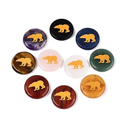Смешанные камни Кабошоны из натурального смешанного камня, плоский круг с резным золотым медведем, смешанные окрашенные и неокрашенные, 25x5.5~6.5 мм