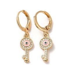 Pink Key with Evil Eye Golden Brass Dangle Leverback Earrings, with Enamel and Cubic Zirconia, Pink, 29.5x7mm