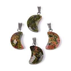 Унакит Природные подвески Unakite, обереги граненой луны, с защелкой из нержавеющей стали на поручнях, цвет нержавеющей стали, 18.5~19.5x10~11.5x5.5~6 мм, отверстие : 6x2.5 мм