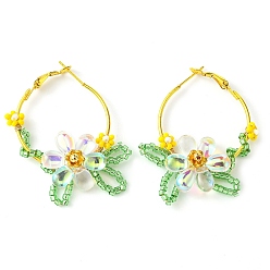 Прозрачный Серьга-кольцо с плетеным стеклянным цветком, с железной фурнитурой, прозрачные, 44x36x9 мм