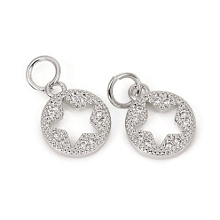 Платина Латунные микро проложить кубического циркония прелести, с прыжковых колец, плоские круглые со звездой, прозрачные, платина, 11.5x9x1.8 мм, кольца прыжок: 5x0.8 мм, 3.4 мм внутренним диаметром