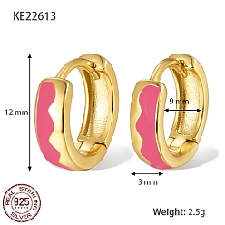 Hot Pink 925 Sterling Silver Thick Hoop Earrings, with Enamel, for Women, Real 18K Gold Plated, Hot Pink, 12x3mm