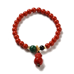 Bag 6mm Round Cinnabar Mala Stretch Bracelets, with Synthetic Malachite and Natural Agate, Bag, Inner Diameter: 2 inch(4.95~5.1cm)