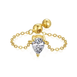 Прозрачный 925 кольца-цепочки из стерлингового серебра, кольцо с камнем, реальный 18 k позолоченный, с каплей циркония для женщин, регулируемое скользящее кольцо, прозрачные, 1.2 мм, размер США 7 (17.3 мм)