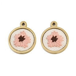 Pink 304 Stainless Steel & Embroidered Pendants, Flat Round with Flower Charms, Ion Plating(IP), Long-Lasting Plated, Real 18K Gold Plated, Pink, 18x15x2.5mm, Hole: 1.6mm