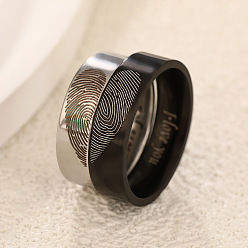 Black 201 Stainless Steel Finger Rings for Couple, Fingerprint, Black, US Size 7(17.3mm) and US Size 9(18.9mm)