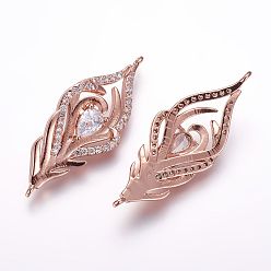 Rose Gold Brass Micro Pave Cubic Zirconia Links, Feather, Rose Gold, 33x13x5mm, Hole: 1mm