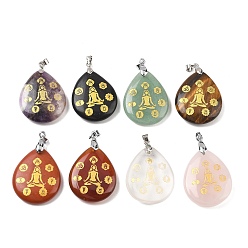 Смешанные камни Природные смешанные подвески драгоценных камней, с реечной обшивкой латунными выводами, без кадмия и без свинца, подвеска в виде слезы и чакры йоги, смешанные окрашенные и неокрашенные, 31x25x5~7 мм, отверстие : 4.5x4 мм