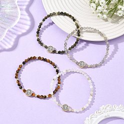 Mixed Stone Religion Natural Mixed Gemstone Beaded Stretch Bracelets with Brass Flat Round with Cross Beads, Inner Diameter: 2.30 inch(5.85cm)